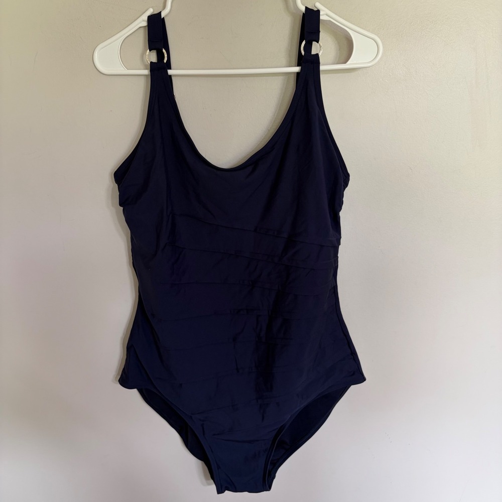 Calvin‎ Klein Womens Navy Blue Ruffle Front One Piece Swimsuit Size 14 CG9MS882